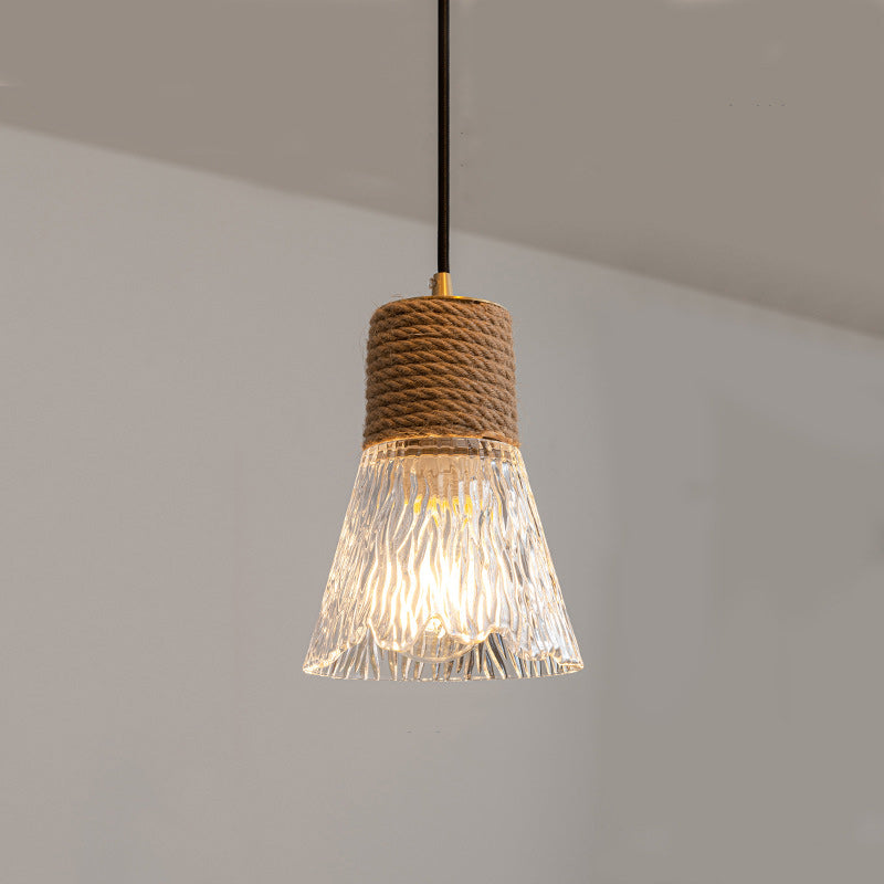 Traditional Japanese Copper Wood Glass Hemp Rope Conic Ripple 1/3 Light Pendant Light For Dining Room