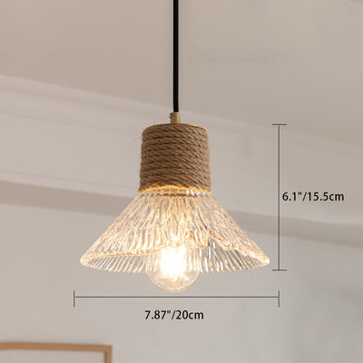 Traditional Japanese Copper Wood Glass Hemp Rope Conic Ripple 1/3 Light Pendant Light For Dining Room