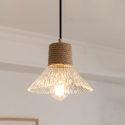 Traditional Japanese Copper Wood Glass Hemp Rope Conic Ripple 1/3 Light Pendant Light For Dining Room