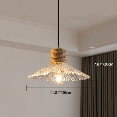 Traditional Japanese Copper Wood Glass Hemp Rope Conic Ripple 1/3 Light Pendant Light For Dining Room