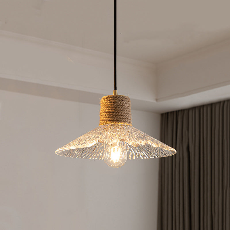 Traditional Japanese Copper Wood Glass Hemp Rope Conic Ripple 1/3 Light Pendant Light For Dining Room