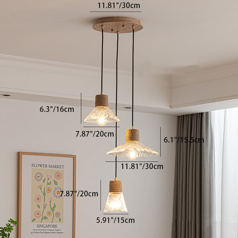 Traditional Japanese Copper Wood Glass Hemp Rope Conic Ripple 1/3 Light Pendant Light For Dining Room