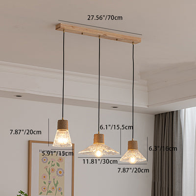 Traditional Japanese Copper Wood Glass Hemp Rope Conic Ripple 1/3 Light Pendant Light For Dining Room