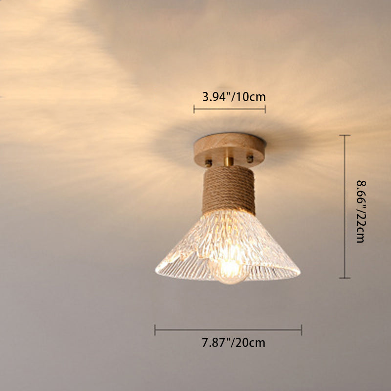 Traditional Japanese Copper Wood Glass Hemp Rope Conic Ripple 1/6/8 Semi-Flush Mount Ceiling Light For Hallway