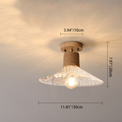 Traditional Japanese Copper Wood Glass Hemp Rope Conic Ripple 1/6/8 Semi-Flush Mount Ceiling Light For Hallway