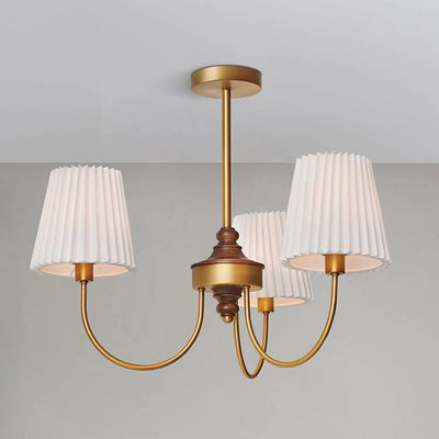 Contemporary Retro Cotton Linen Iron Wood Cylinder Pleated 3/5 Light Chandeliers For Living Room