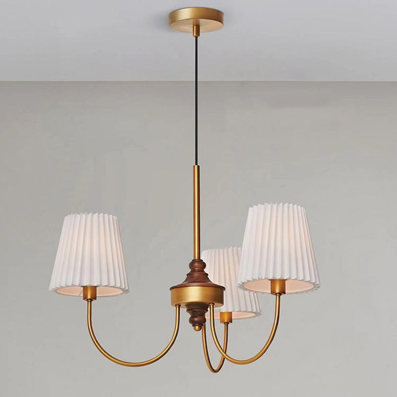 Contemporary Retro Cotton Linen Iron Wood Cylinder Pleated 3/5 Light Chandeliers For Living Room