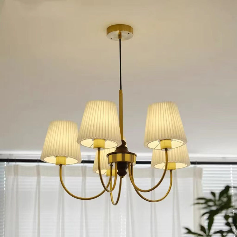 Contemporary Retro Cotton Linen Iron Wood Cylinder Pleated 3/5 Light Chandeliers For Living Room