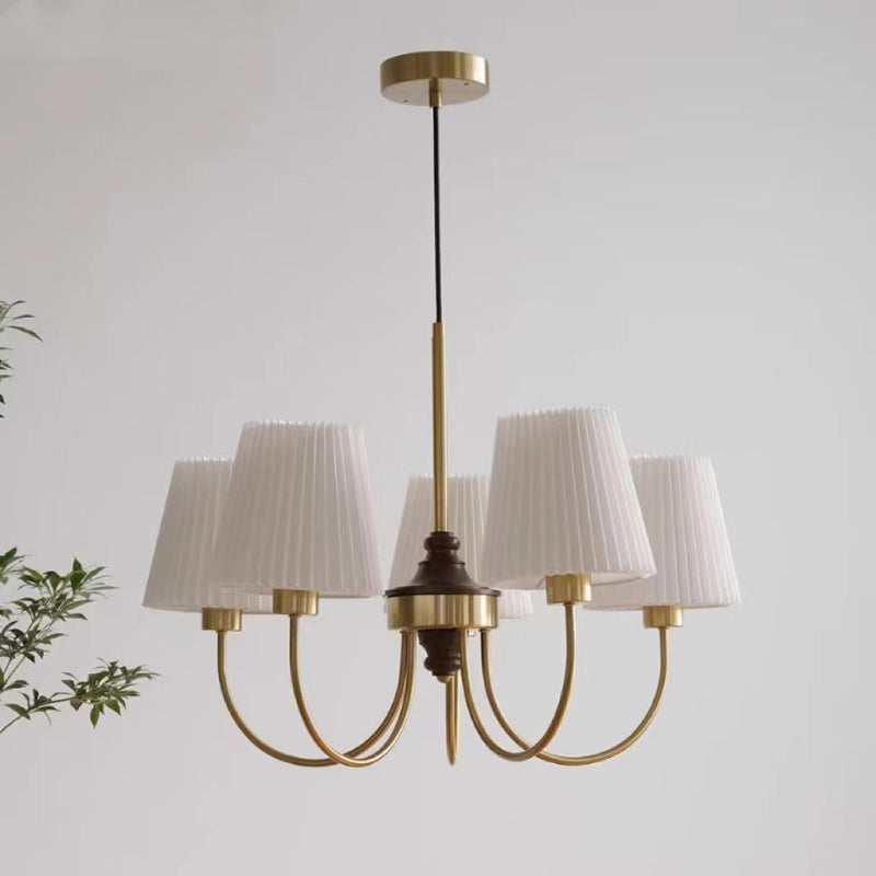 Contemporary Retro Cotton Linen Iron Wood Cylinder Pleated 3/5 Light Chandeliers For Living Room