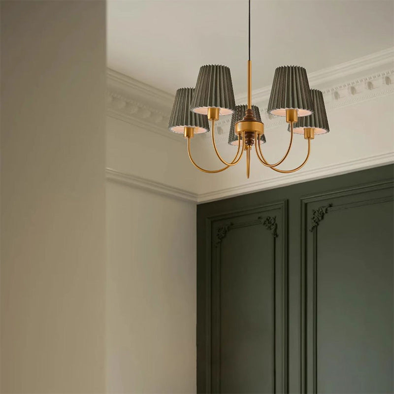 Contemporary Retro Cotton Linen Iron Wood Cylinder Pleated 3/5 Light Chandeliers For Living Room