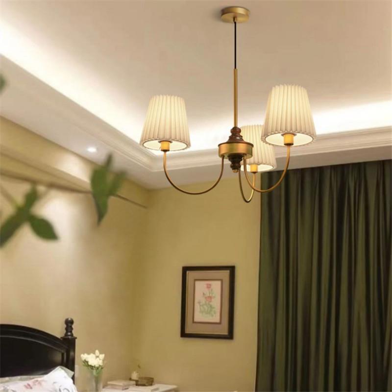 Contemporary Retro Cotton Linen Iron Wood Cylinder Pleated 3/5 Light Chandeliers For Living Room