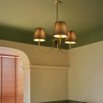 Contemporary Retro Cotton Linen Iron Wood Cylinder Pleated 3/5 Light Chandeliers For Living Room