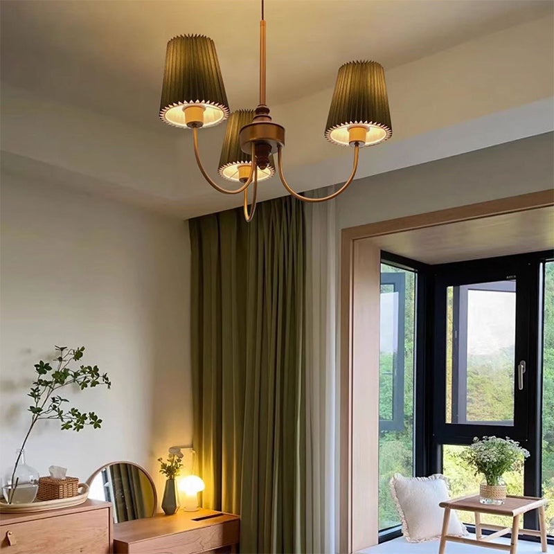 Contemporary Retro Cotton Linen Iron Wood Cylinder Pleated 3/5 Light Chandeliers For Living Room