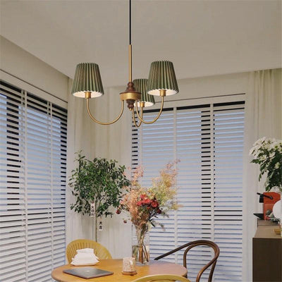 Contemporary Retro Cotton Linen Iron Wood Cylinder Pleated 3/5 Light Chandeliers For Living Room