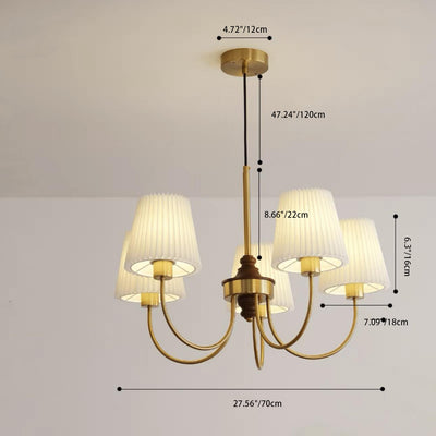 Contemporary Retro Cotton Linen Iron Wood Cylinder Pleated 3/5 Light Chandeliers For Living Room