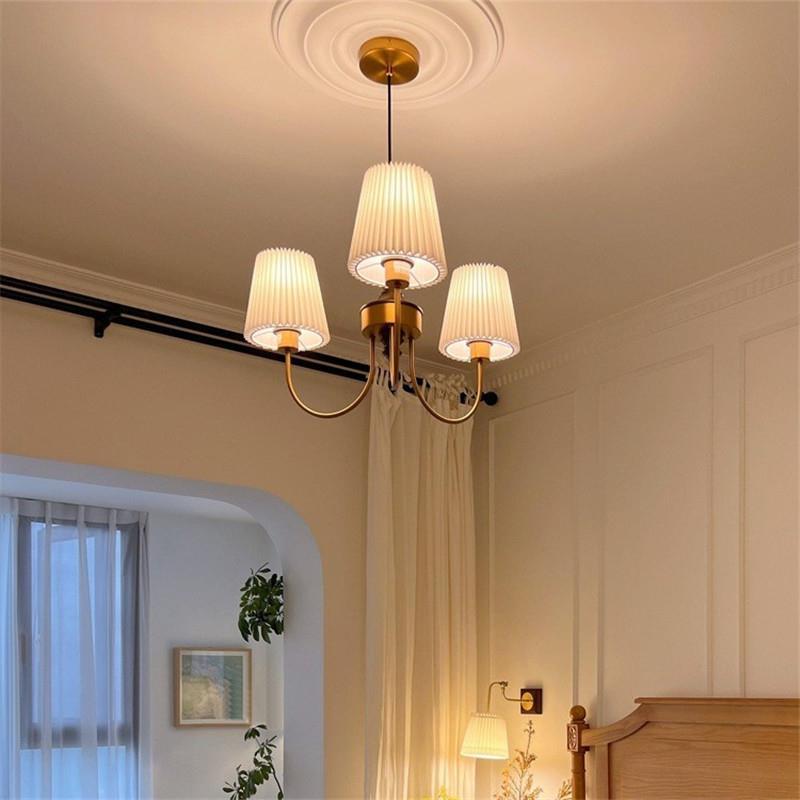 Contemporary Retro Cotton Linen Iron Wood Cylinder Pleated 3/5 Light Chandeliers For Living Room