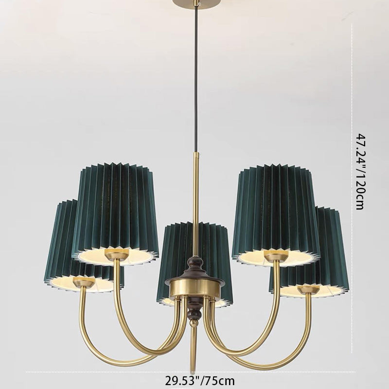 Contemporary Retro Cotton Linen Iron Wood Cylinder Pleated 3/5 Light Chandeliers For Living Room