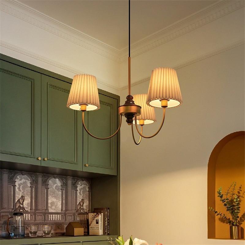 Contemporary Retro Cotton Linen Iron Wood Cylinder Pleated 3/5 Light Chandeliers For Living Room