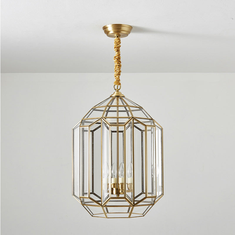 Modern Mid-century Waterproof Copper Glass Cage Rhombic Cylinder 1/3/4 Light Chandeliers For Outdoor Patio