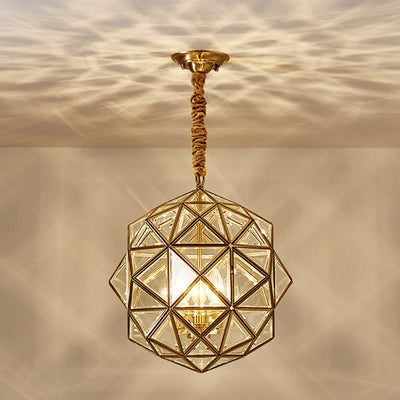 Modern Mid-century Waterproof Copper Glass Cage Rhombic Cylinder 1/3/4 Light Chandeliers For Outdoor Patio