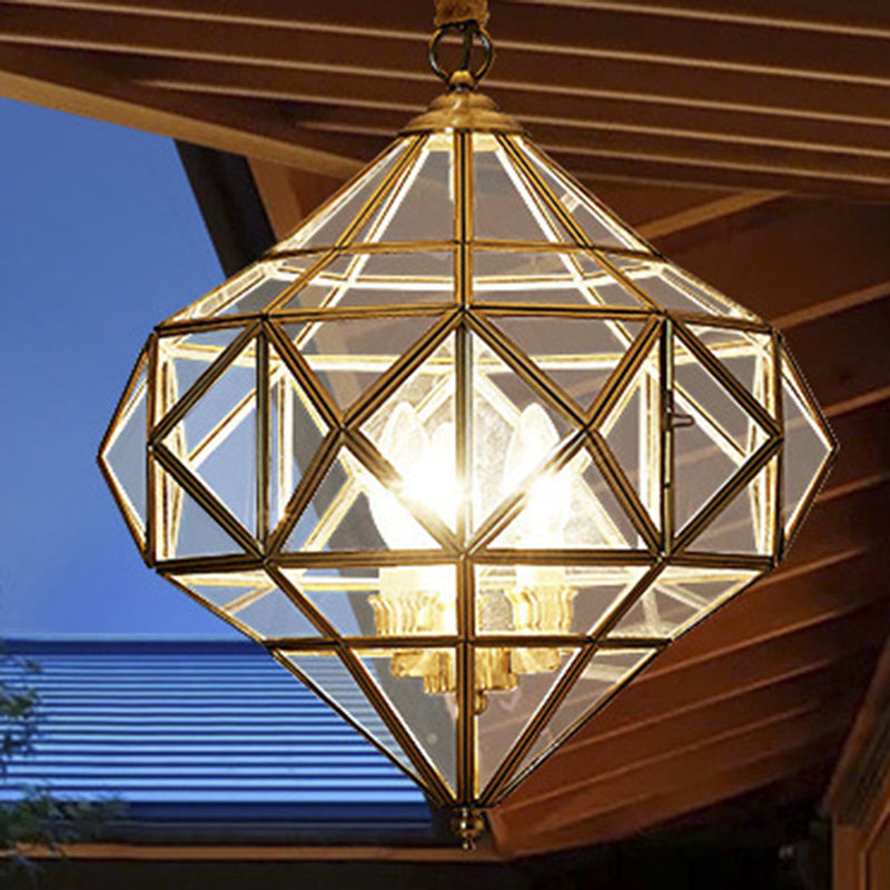 Modern Mid-century Waterproof Copper Glass Cage Rhombic Cylinder 1/3/4 Light Chandeliers For Outdoor Patio