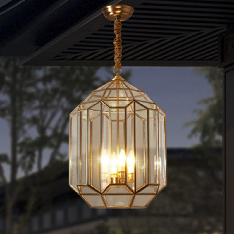 Modern Mid-century Waterproof Copper Glass Cage Rhombic Cylinder 1/3/4 Light Chandeliers For Outdoor Patio