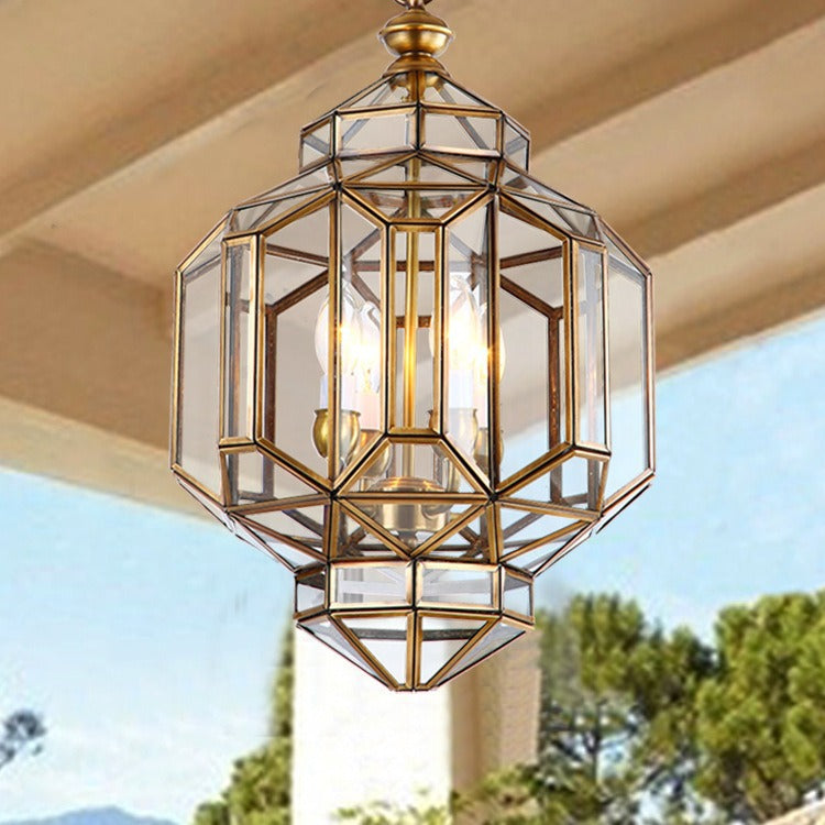 Modern Mid-century Waterproof Copper Glass Cage Rhombic Cylinder 1/3/4 Light Chandeliers For Outdoor Patio