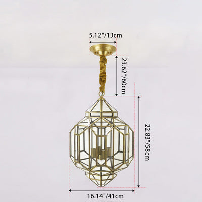 Modern Mid-century Waterproof Copper Glass Cage Rhombic Cylinder 1/3/4 Light Chandeliers For Outdoor Patio