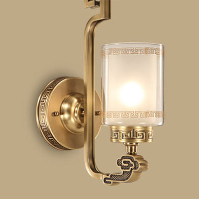 Traditional Chinese Copper Glass Cylinder Auspicious Cloud 1-Light Wall Sconce Lamp For Hallway