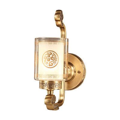 Traditional Chinese Copper Glass Cylinder Auspicious Cloud 1-Light Wall Sconce Lamp For Hallway