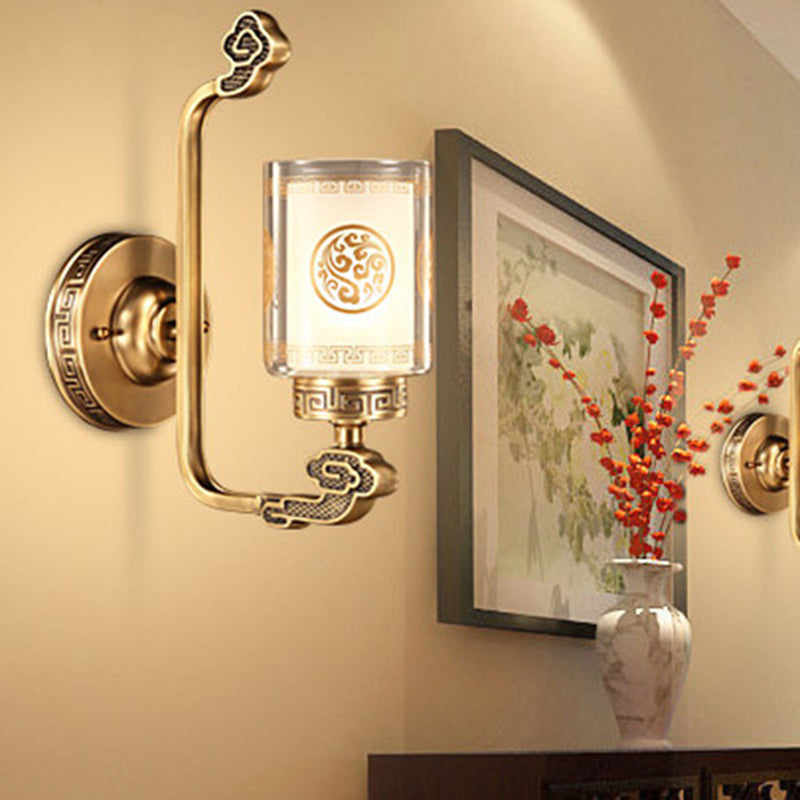 Traditional Chinese Copper Glass Cylinder Auspicious Cloud 1-Light Wall Sconce Lamp For Hallway