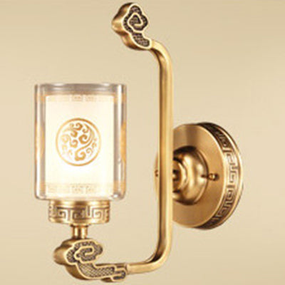 Traditional Chinese Copper Glass Cylinder Auspicious Cloud 1-Light Wall Sconce Lamp For Hallway