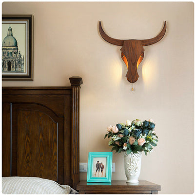 Traditional Rustic Solid Wood Cow Head LED Wall Sconce Lamp For Hallway