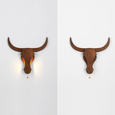 Traditional Rustic Solid Wood Cow Head LED Wall Sconce Lamp For Hallway