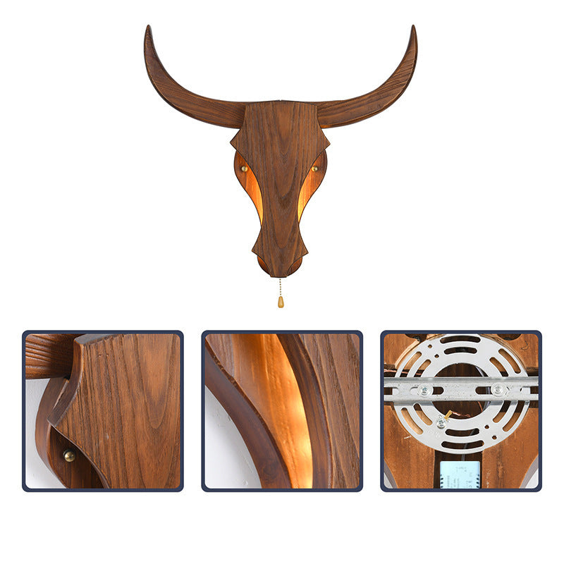 Traditional Rustic Solid Wood Cow Head LED Wall Sconce Lamp For Hallway