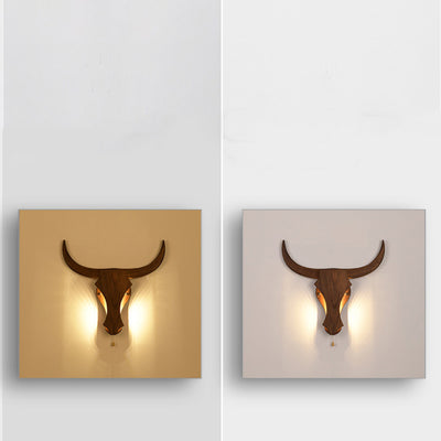 Traditional Rustic Solid Wood Cow Head LED Wall Sconce Lamp For Hallway