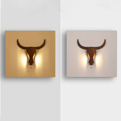 Traditional Rustic Solid Wood Cow Head LED Wall Sconce Lamp For Hallway