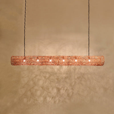 Traditional Japanese Weaving Rattan Metal Cylinder Long Barrel 2/3/4/6/7/9 Light Chandeliers Island Light For Dining Room