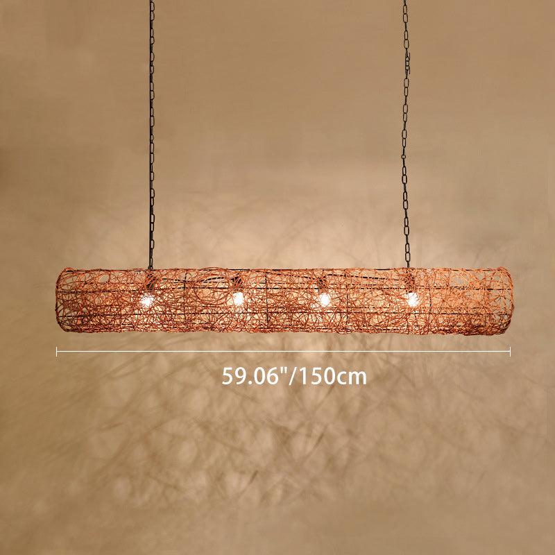 Traditional Japanese Weaving Rattan Metal Cylinder Long Barrel 2/3/4/6/7/9 Light Chandeliers Island Light For Dining Room