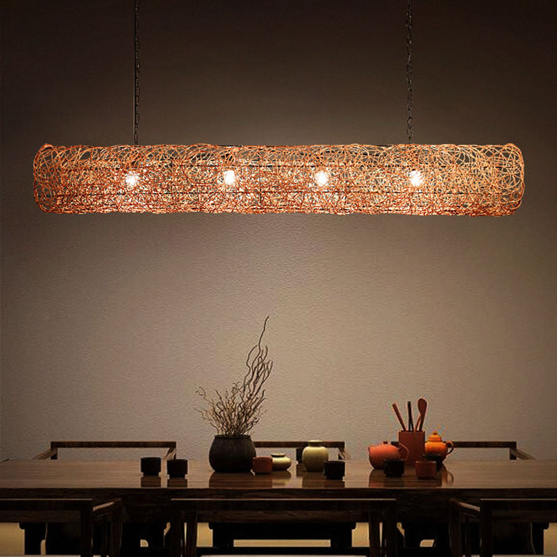 Traditional Japanese Weaving Rattan Metal Cylinder Long Barrel 2/3/4/6/7/9 Light Chandeliers Island Light For Dining Room