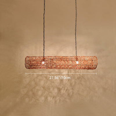 Traditional Japanese Weaving Rattan Metal Cylinder Long Barrel 2/3/4/6/7/9 Light Chandeliers Island Light For Dining Room