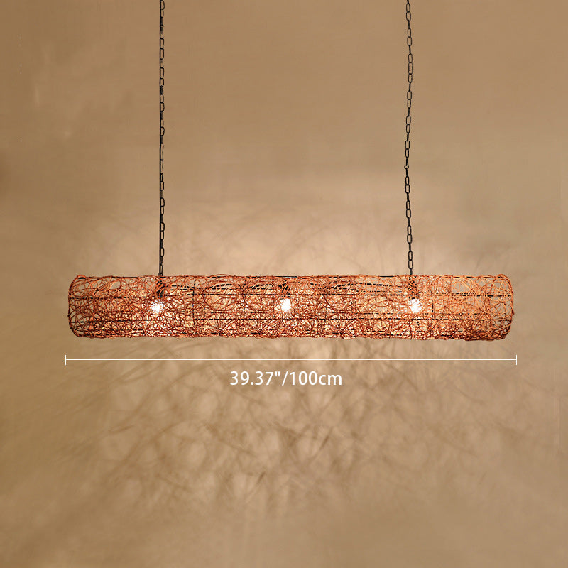 Traditional Japanese Weaving Rattan Metal Cylinder Long Barrel 2/3/4/6/7/9 Light Chandeliers Island Light For Dining Room