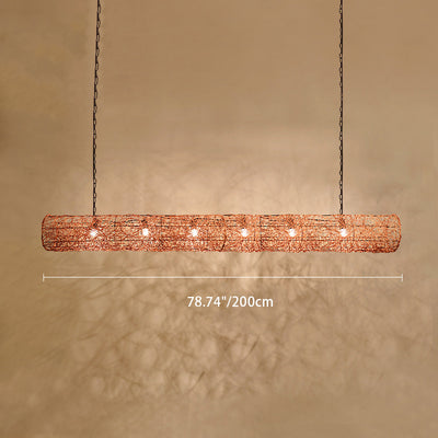 Traditional Japanese Weaving Rattan Metal Cylinder Long Barrel 2/3/4/6/7/9 Light Chandeliers Island Light For Dining Room