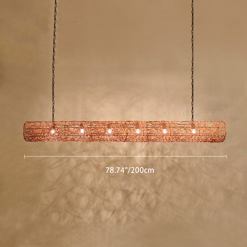 Traditional Japanese Weaving Rattan Metal Cylinder Long Barrel 2/3/4/6/7/9 Light Chandeliers Island Light For Dining Room