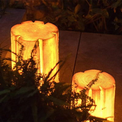 Modern Art Deco Solar Waterproof Resin Fiberglass Cylinder Tree Stump Wood Grain LED Landscape Lighting Outdoor Light For Garden