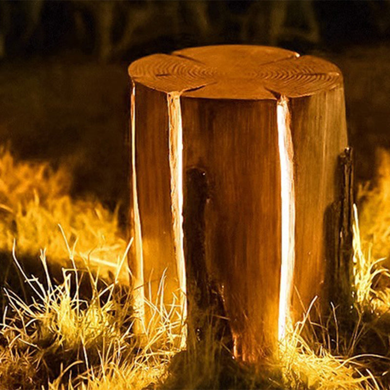 Modern Art Deco Solar Waterproof Resin Fiberglass Cylinder Tree Stump Wood Grain LED Landscape Lighting Outdoor Light For Garden