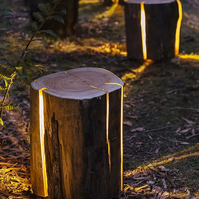 Modern Art Deco Solar Waterproof Resin Fiberglass Cylinder Tree Stump Wood Grain LED Landscape Lighting Outdoor Light For Garden