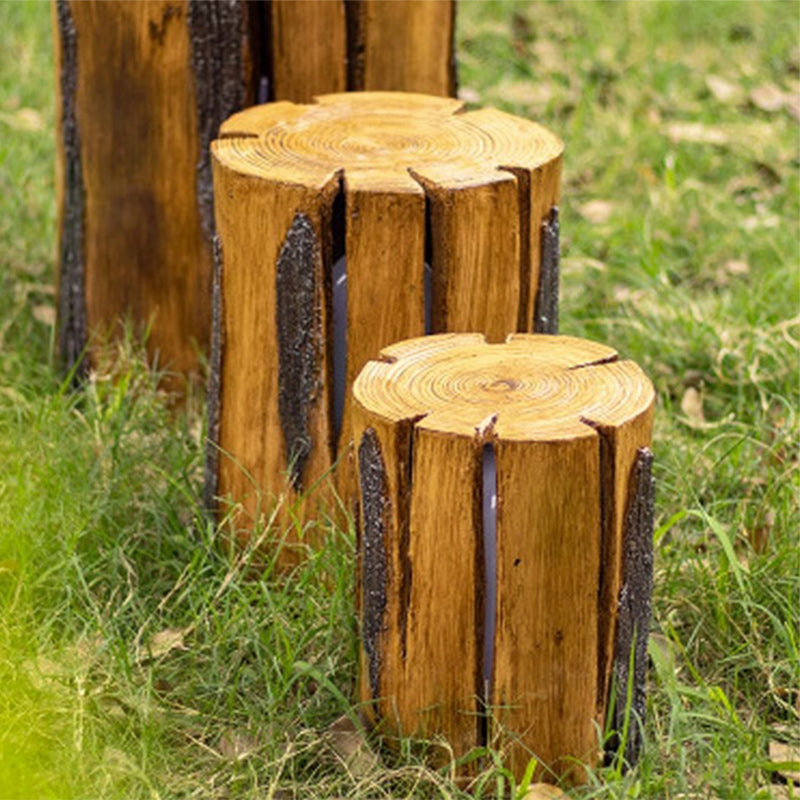 Modern Art Deco Solar Waterproof Resin Fiberglass Cylinder Tree Stump Wood Grain LED Landscape Lighting Outdoor Light For Garden