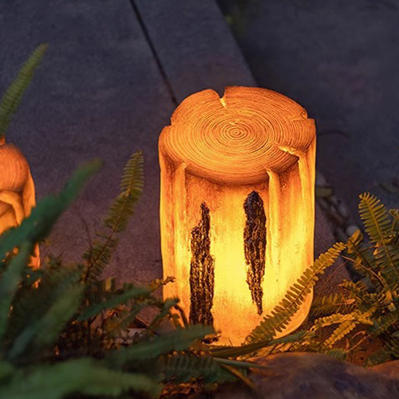 Modern Art Deco Solar Waterproof Resin Fiberglass Cylinder Tree Stump Wood Grain LED Landscape Lighting Outdoor Light For Garden