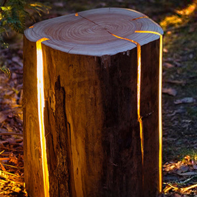 Modern Art Deco Solar Waterproof Resin Fiberglass Cylinder Tree Stump Wood Grain LED Landscape Lighting Outdoor Light For Garden